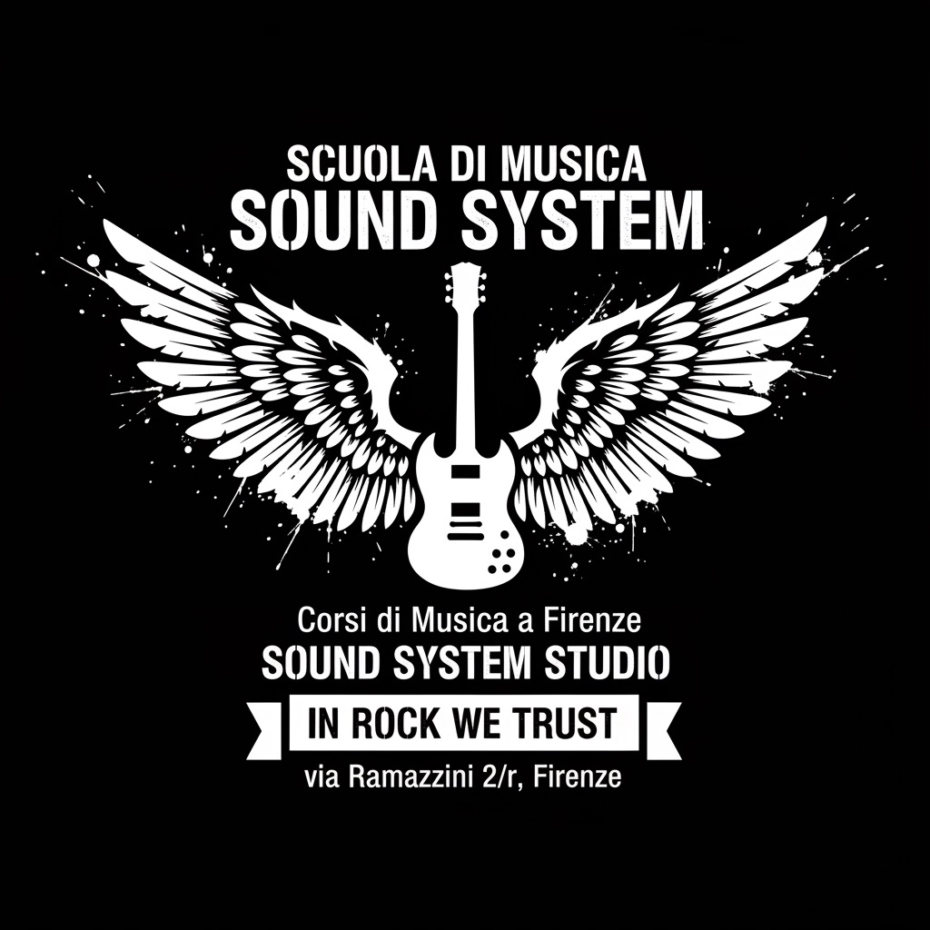 Logo della scuola di musica Sound System di Firenze con una chitarra elettrica alata su sfondo nero.